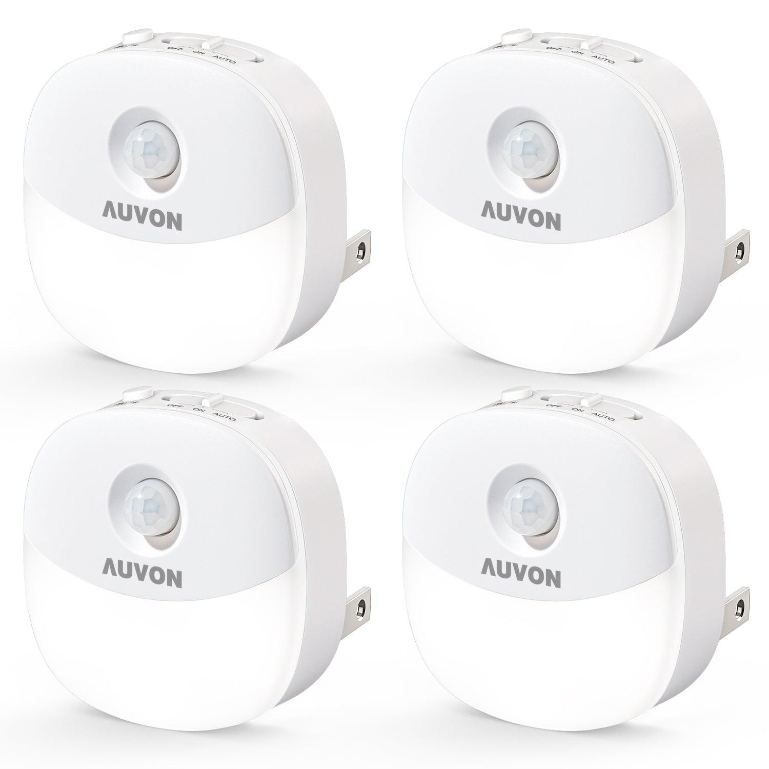 AUVON Plug-in LED Motion Sensor Night Light, Mini Warm White LED Nightlight with Dusk to Dawn Motion Sensor, Adjustable Brightness for Bedroom, Bathroom, Kitchen, Hallway, Stairs (4 Pack) - AUVON