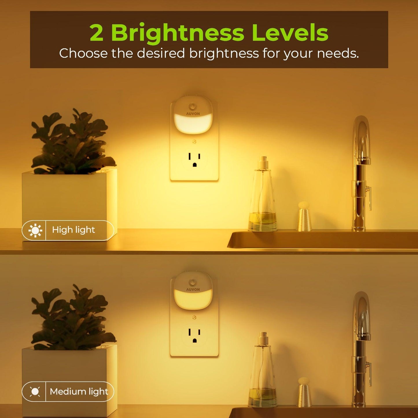 AUVON Plug-in LED Motion Sensor Night Light, Warm White LED Nightlight with Dusk to Dawn Sensor, Motion Sensor, Adjustable Brightness for Bedroom, Bathroom, Kitchen, Hallway, Stairs (2 Pack) - AUVON