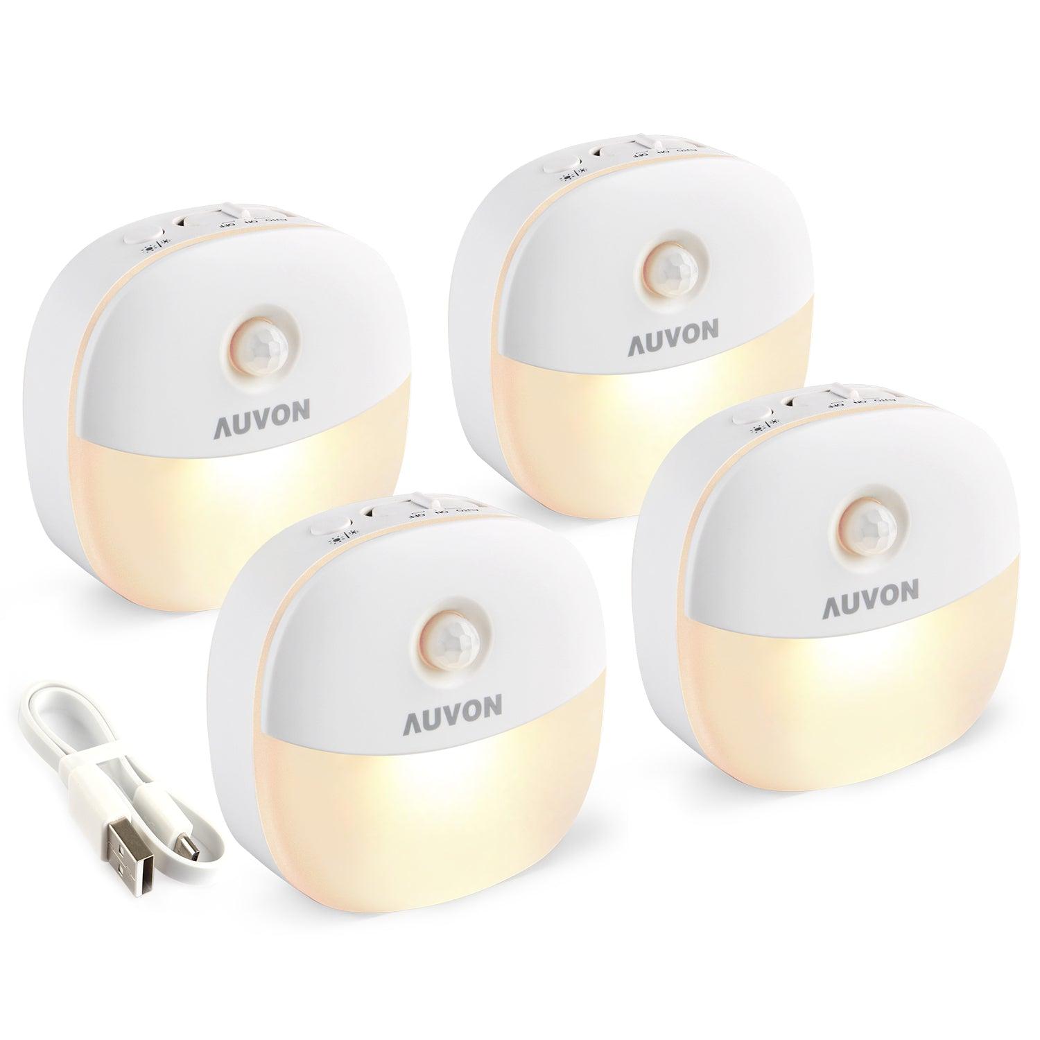 AUVON Rechargeable Mini Motion Sensor Night Light, 2nd Gen Warm White LED Stick-On Closet Light with Dusk to Dawn Sensor, Adjustable Brightness for Wall, Stairs, Cabinet, Hallway (4 Pack) - AUVON