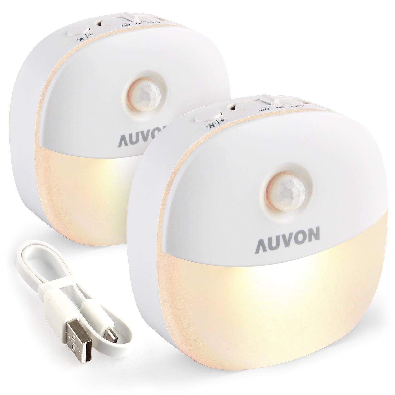 AUVON Rechargeable Mini Motion Sensor Night Light, Warm White LED Stick-On Closet Light with Dusk to Dawn Sensor, Adjustable Brightness for Wall, Stairs, Cabinet, Hallway (2 Pack) - AUVON