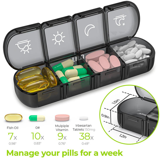 AUVON Weekly Pill Organizer 4 Times a Day with 7 Daily Large Pill Box Cases to Hold Fish Oils, Vitamins, Supplements, Medication - AUVON