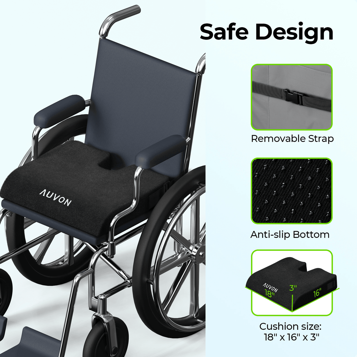 AUVON Wheelchair Seat Cushions (18"x16"x3") for Sciatica, Back, Coccyx, Pressure Sore and Ulcer Pain Relief, Memory Foam Pressure Relief Cushion with Removable Strap, Breathable & Waterproof Fabric - AUVON