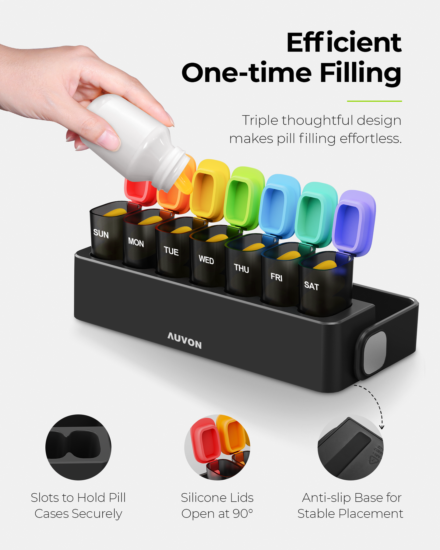 AUVON Moisture-Proof Weekly Pill Organizer with Locking Design, Sleek Pill Box 7 Day Easy to Use, Black Pill Case for Privacy Protection, Pill Holder for Medications, Vitamins, Fish Oils, Supplements