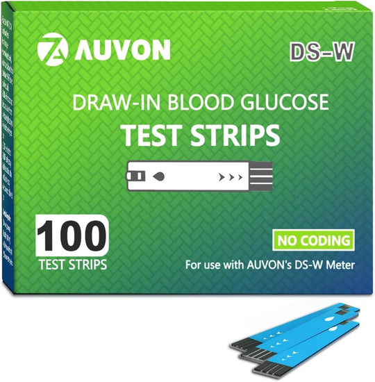 Bandelettes réactives AUVON I-QARE DS-W Draw-in pour glycémie (100 unités) à utiliser avec le lecteur de glycémie AUVON DS-W (sans codage, 2 boîtes de 50 chacune)