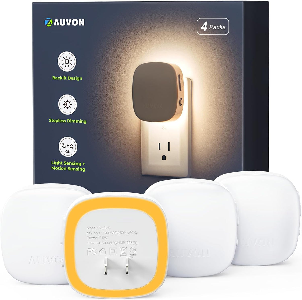 AUVON Plug-in LED Backlit Night Light 4 Packs, Motion & Dusk to Dawn Sensor Nightlight with 1-50lm Dimmable Brightness for Bedroom, Bathroom, Hallway, Kitchen, Garage, Nursery