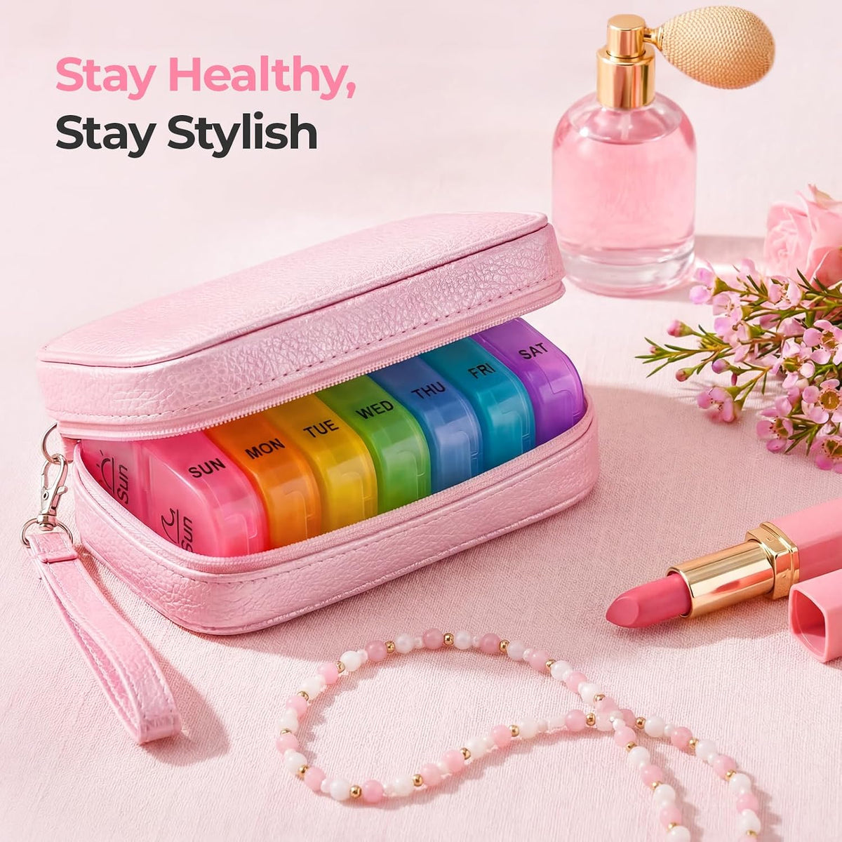 AUVON Weekly Pill Organiser with PU Leather Bag for Women, Dual Protection Large Pill Box 7 Day 2 Times a Day, Portable Tablet Organiser for Fish Oils, Vitamins, Supplements, Travel Pill Case