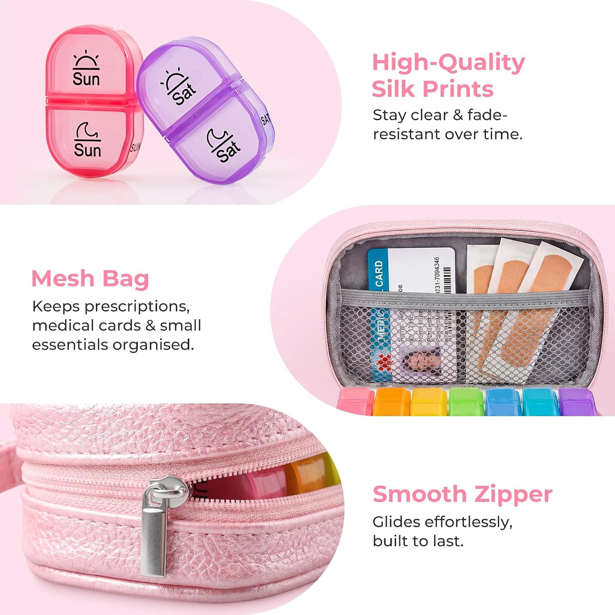 AUVON Weekly Pill Organiser with PU Leather Bag for Women, Dual Protection Large Pill Box 7 Day 2 Times a Day, Portable Tablet Organiser for Fish Oils, Vitamins, Supplements, Travel Pill Case