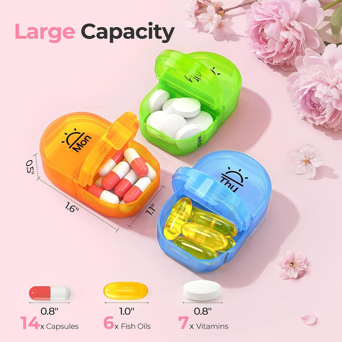 AUVON Weekly Pill Organiser with PU Leather Bag for Women, Dual Protection Large Pill Box 7 Day 2 Times a Day, Portable Tablet Organiser for Fish Oils, Vitamins, Supplements, Travel Pill Case