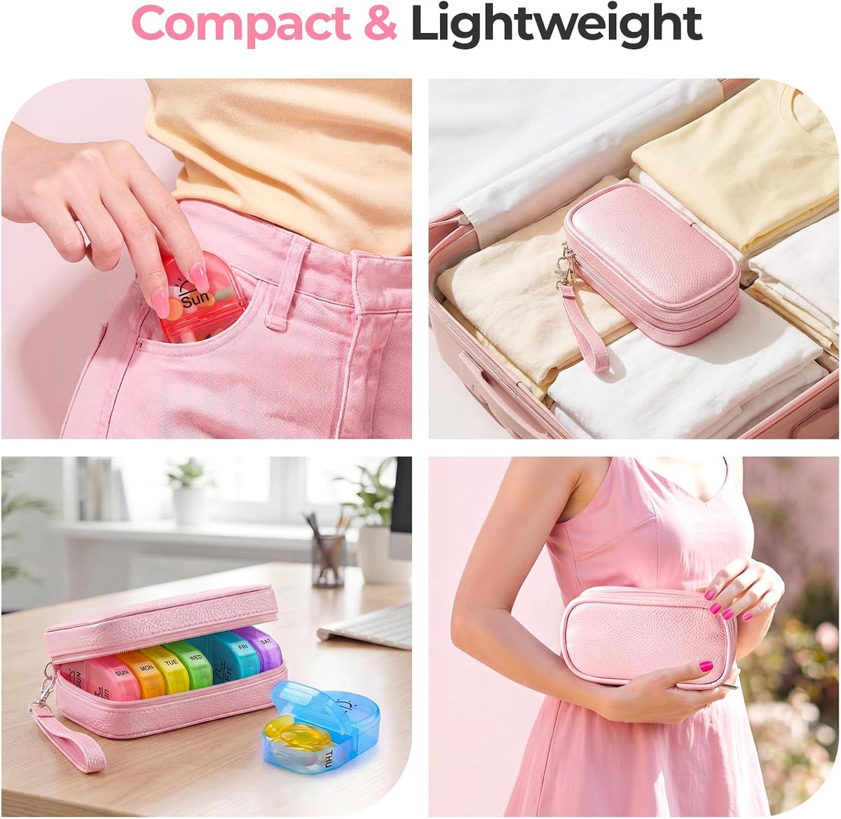 AUVON Weekly Pill Organiser with PU Leather Bag for Women, Dual Protection Large Pill Box 7 Day 2 Times a Day, Portable Tablet Organiser for Fish Oils, Vitamins, Supplements, Travel Pill Case