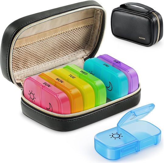 AUVON AM PM Pill Box 7 Day with PU Leather Bag, One-Sided Opening, BPA-Free Weekly Pill Organizer 2 Times a Day, Portable Pill Case for Vitamins, Medication, Supplements, Dual-Protection