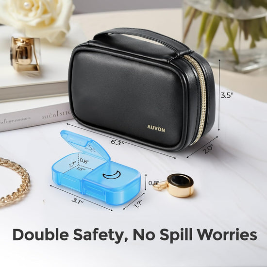 AUVON AM PM Pill Box 7 Day with PU Leather Bag, One-Sided Opening, BPA-Free Weekly Pill Organizer 2 Times a Day, Portable Pill Case for Vitamins, Medication, Supplements, Dual-Protection