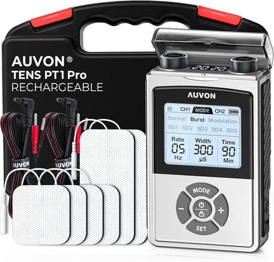 AUVON Stimulateur musculaire numérique TENS rechargeable avec batterie de 600 mAh, appareil TENS avec 8 modes personnalisables, masseur électrique pour les épaules et le dos, 6 électrodes TENS, une mallette de transport