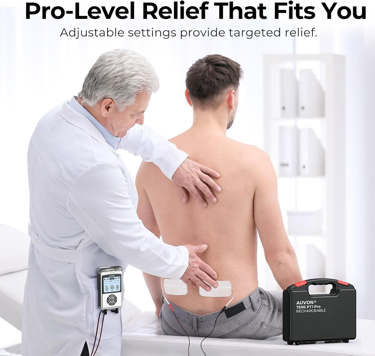 AUVON Rechargeable Digital TENS Unit Muscle Stimulator with 600 mAh Battery TENS Machine with 40 Levels for Gradual Shoulder, Back, Muscle Pain Relief, 8 Customizable Modes, 6 TENS Pads, A Carry Case