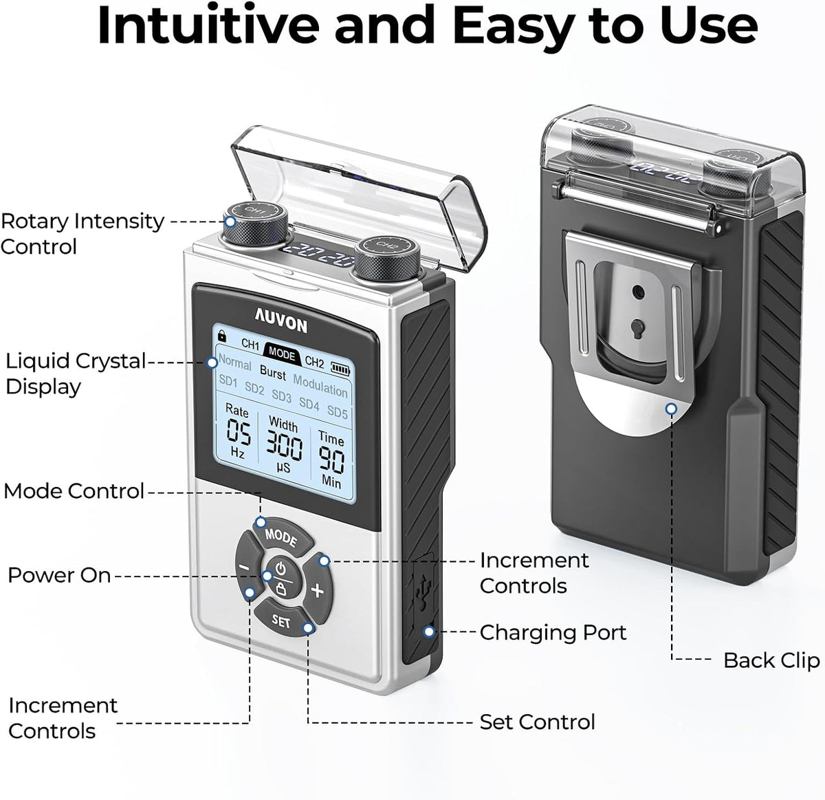 AUVON Rechargeable Digital TENS Unit Muscle Stimulator with 600 mAh Battery TENS Machine with 40 Levels for Gradual Shoulder, Back, Muscle Pain Relief, 8 Customizable Modes, 6 TENS Pads, A Carry Case