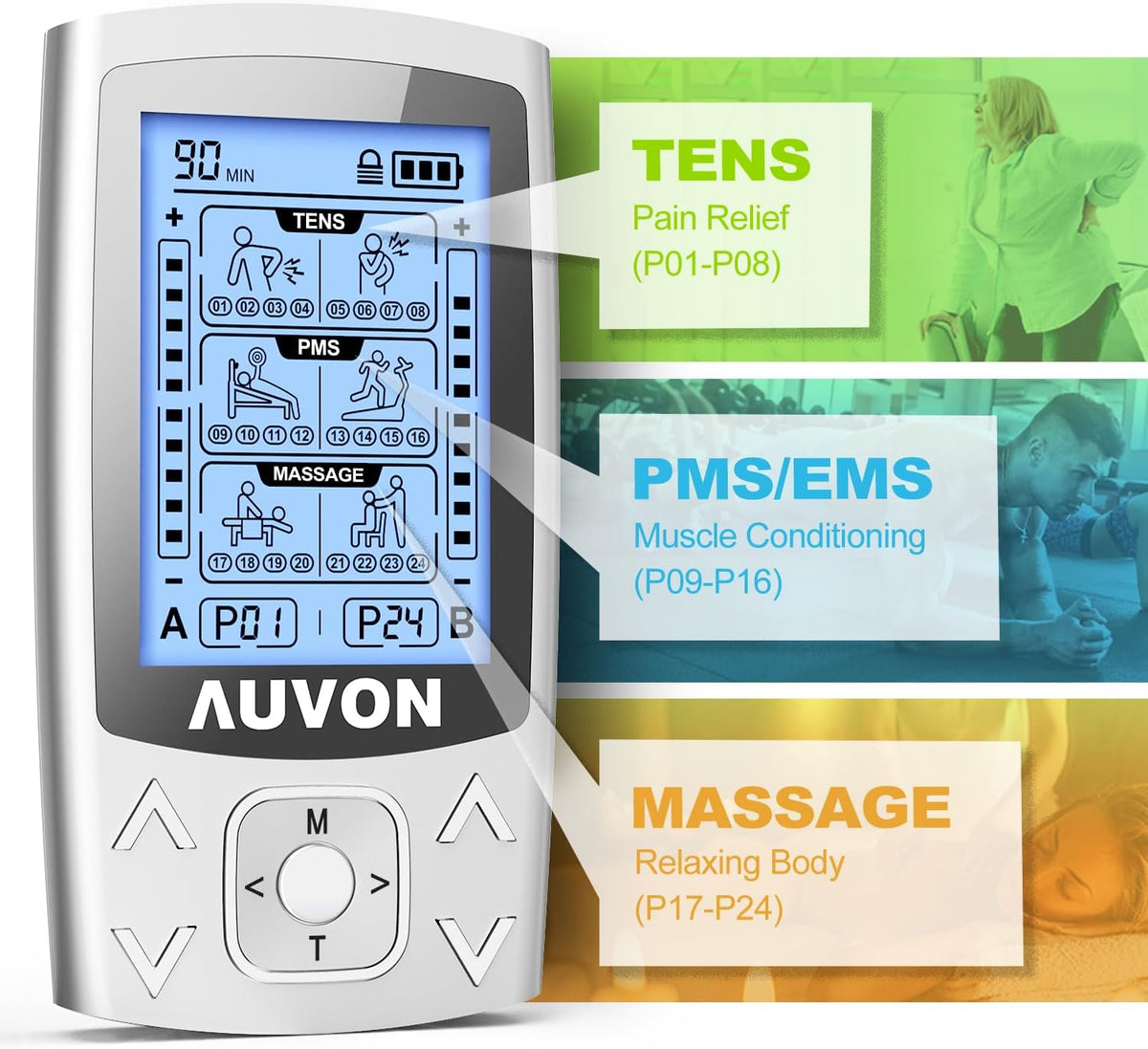 AUVON Dual Channel TENS Unit 24 Modes Muscle Stimulator for Pain Relief,Rechargeable TENS Machine Massager with 12 Pads, ABS Pads Holder, USB Cable and Dust-Proof Storage Bag