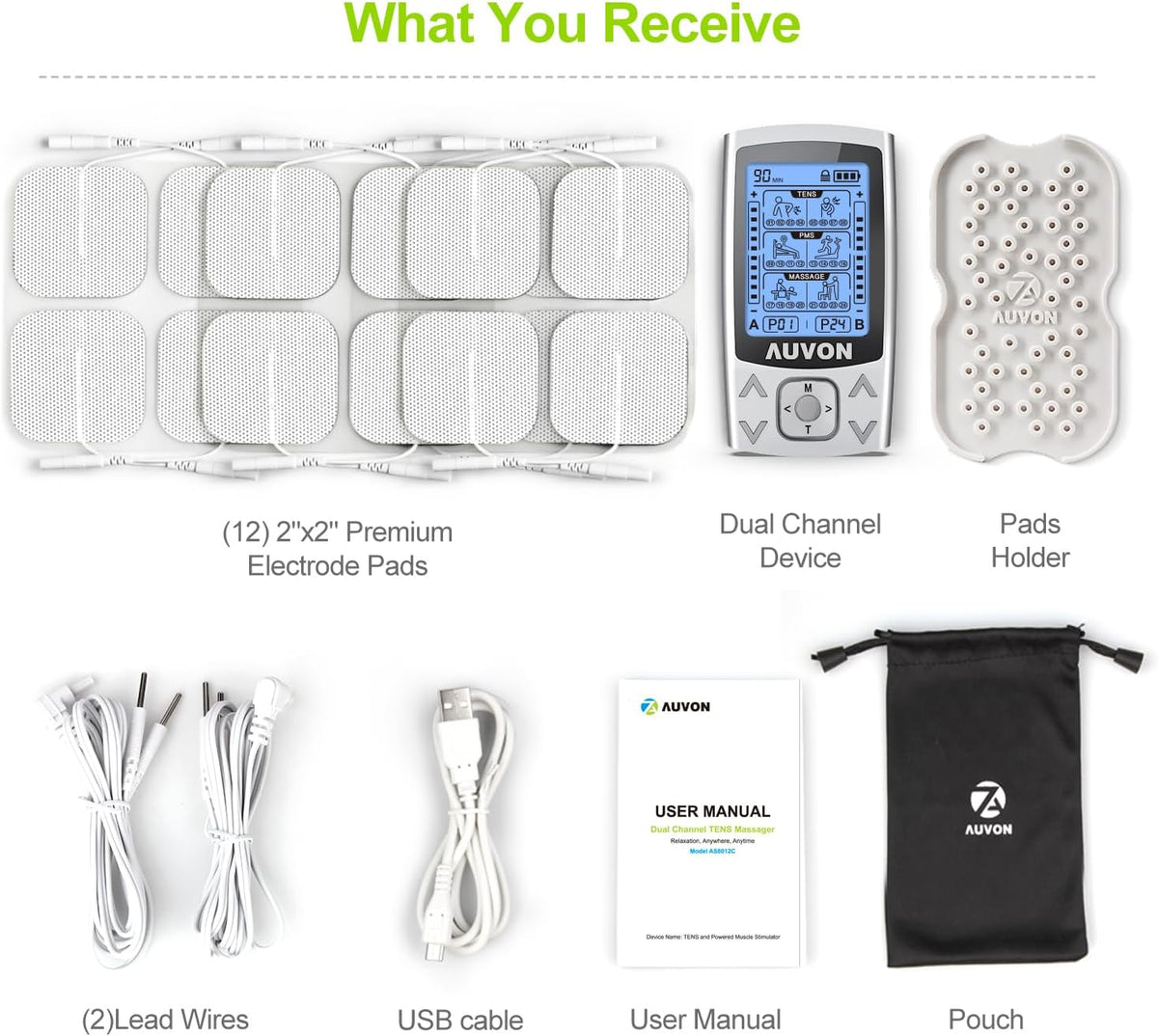 AUVON Dual Channel TENS Unit 24 Modes Muscle Stimulator for Pain Relief,Rechargeable TENS Machine Massager with 12 Pads, ABS Pads Holder, USB Cable and Dust-Proof Storage Bag