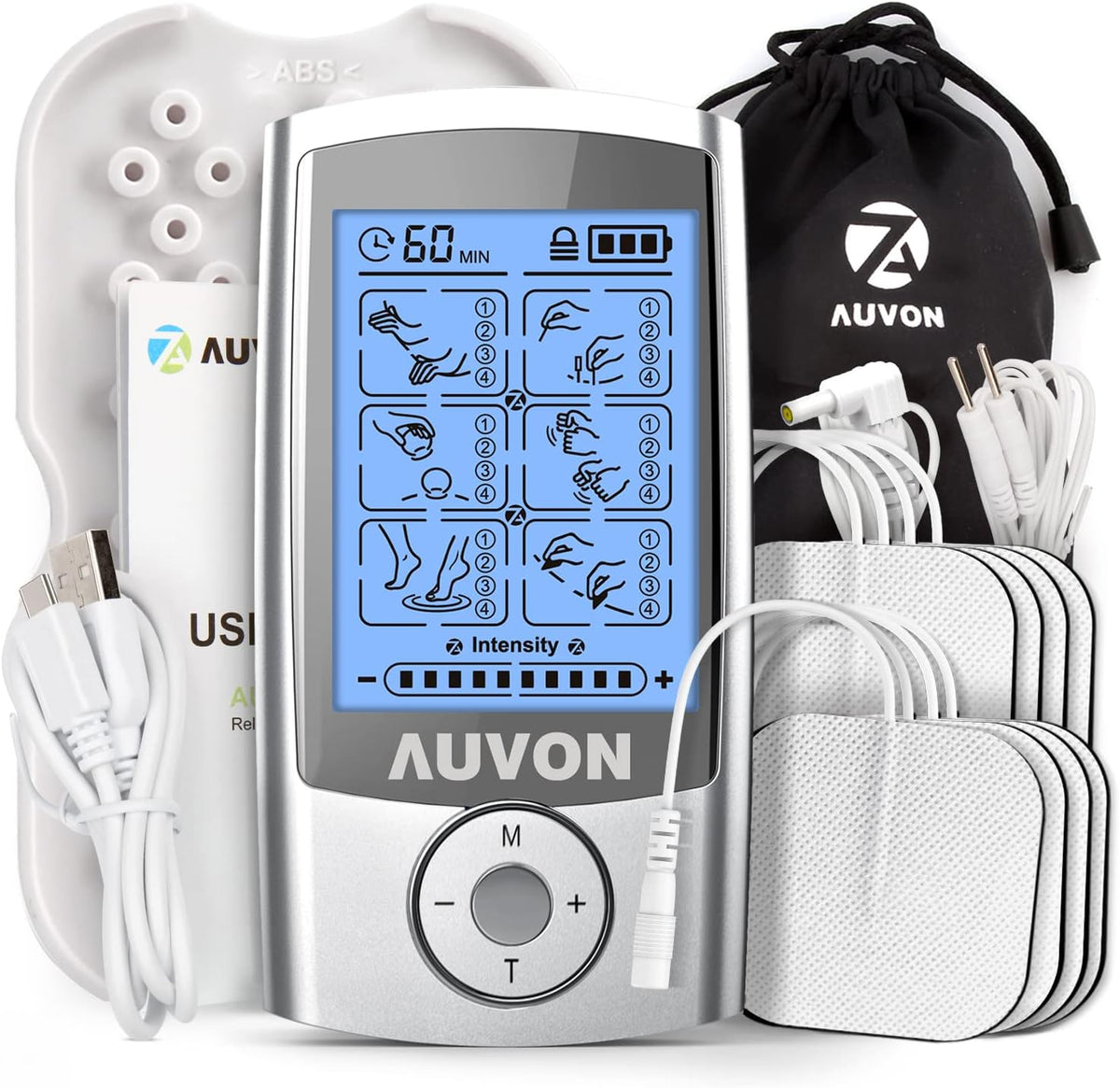 AUVON 24 Modes TENS Unit Muscle Stimulator for Pain Relief, Premium Pads Rechargeable TENS Machine, Drug-Free Pain Relief for Shoulder, Lower Back, Muscle, Physical Therapy, 8pcs Electrode Pads