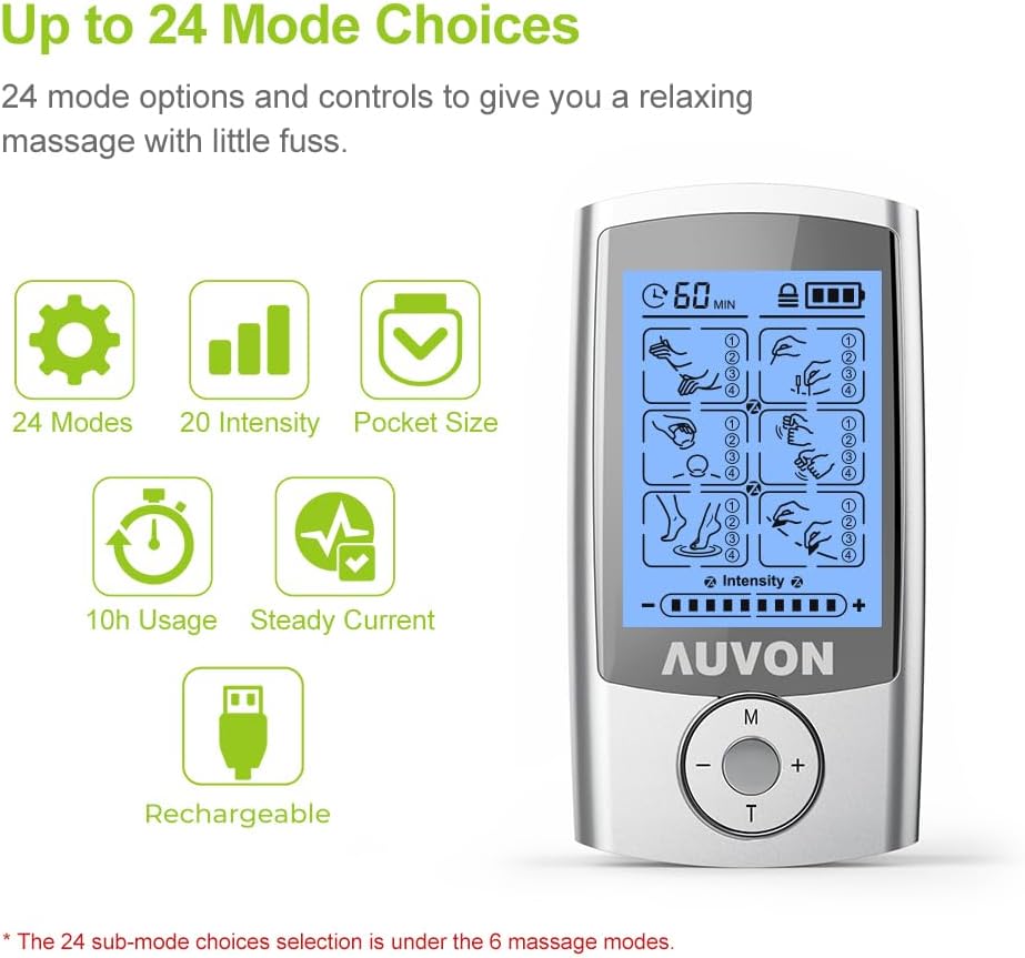 AUVON 24 Modes TENS Unit Muscle Stimulator for Pain Relief, Premium Pads Rechargeable TENS Machine, Drug-Free Pain Relief for Shoulder, Lower Back, Muscle, Physical Therapy, 8pcs Electrode Pads