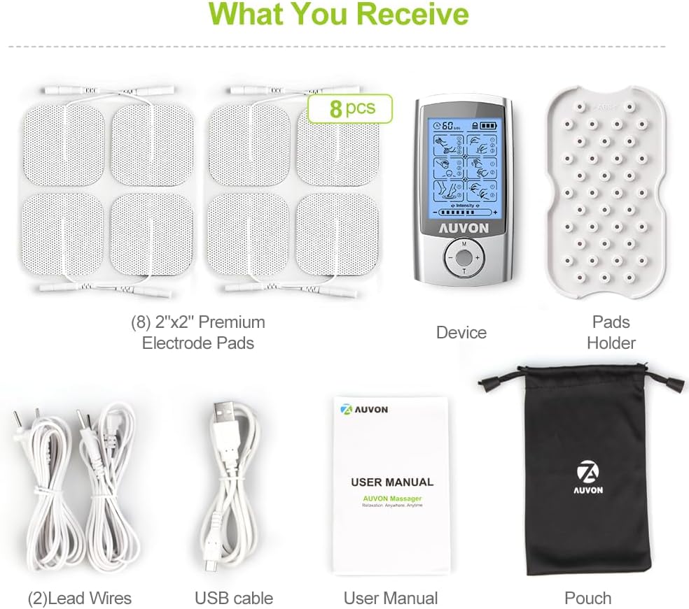 AUVON 24 Modes TENS Unit Muscle Stimulator for Pain Relief, Premium Pads Rechargeable TENS Machine, Drug-Free Pain Relief for Shoulder, Lower Back, Muscle, Physical Therapy, 8pcs Electrode Pads