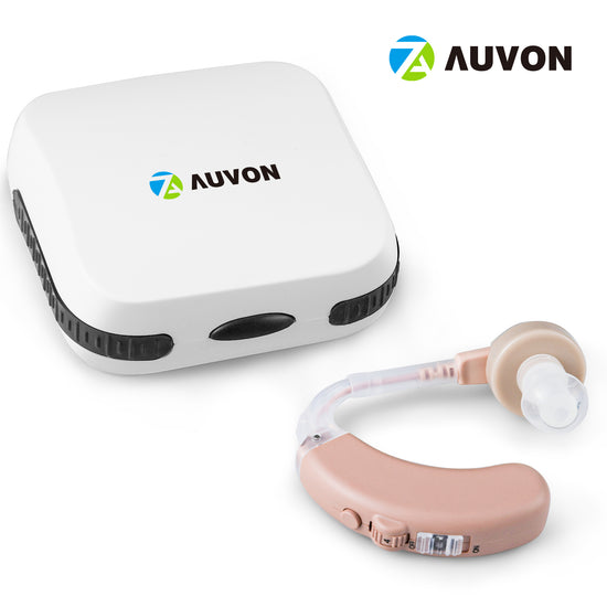 AUVON EasyCharge Rechargeable Hearing Aids (Pair) for Seniors, Behind-The-Ear BTE Ear Aid PSAP digital Personal sound amplification products devices with Noise Cancellation (Beige)
